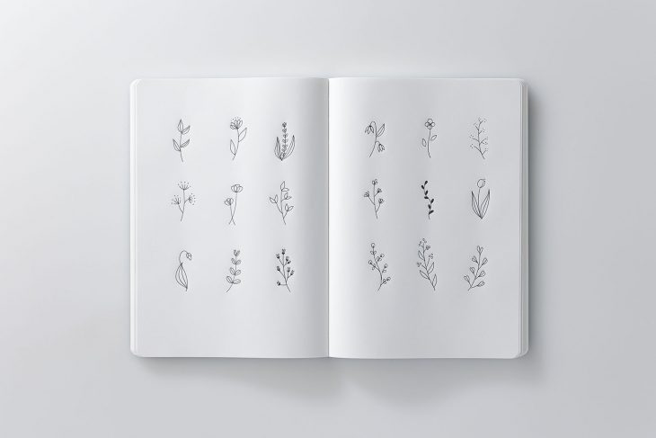 An open notebook with flowers drawn on the pages